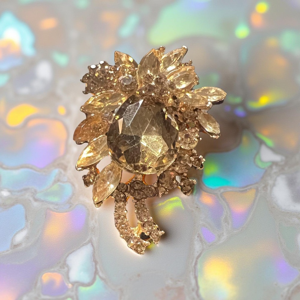 B031  2/$30  Vintage Gold Crystal Statement Brooch Elegant Rhinestone Floral